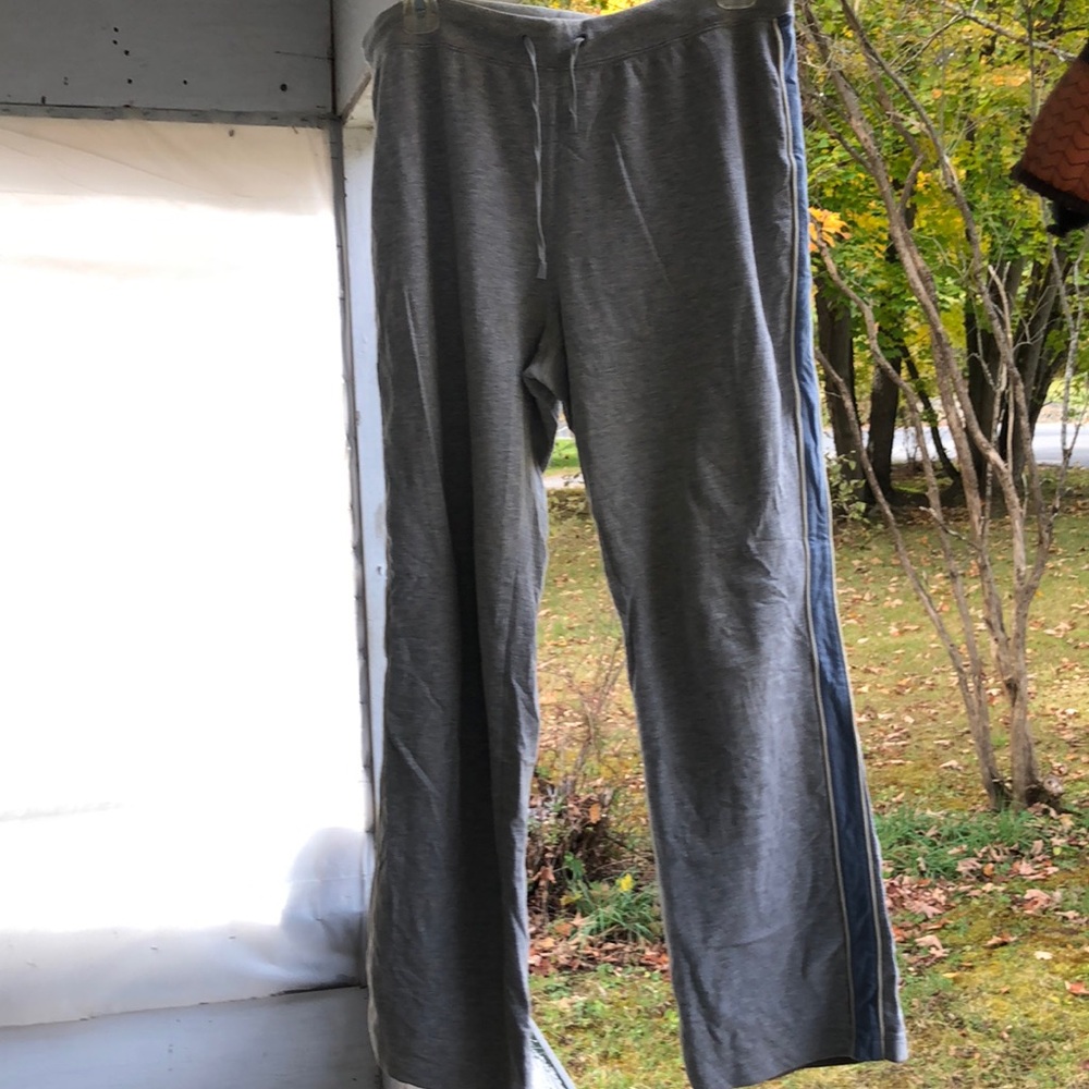 Pull on knit pants casual comfy gray and slate blue with white pinstripe